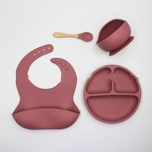 4 Piece Set Silicone Baby Bowl Bib Plate Set
