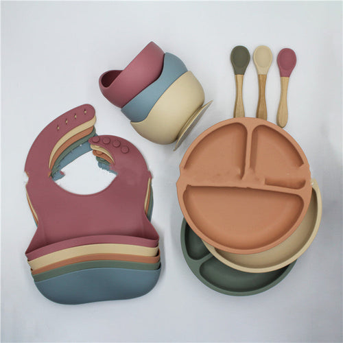 4 Piece Set Silicone Baby Bowl Bib Plate Set