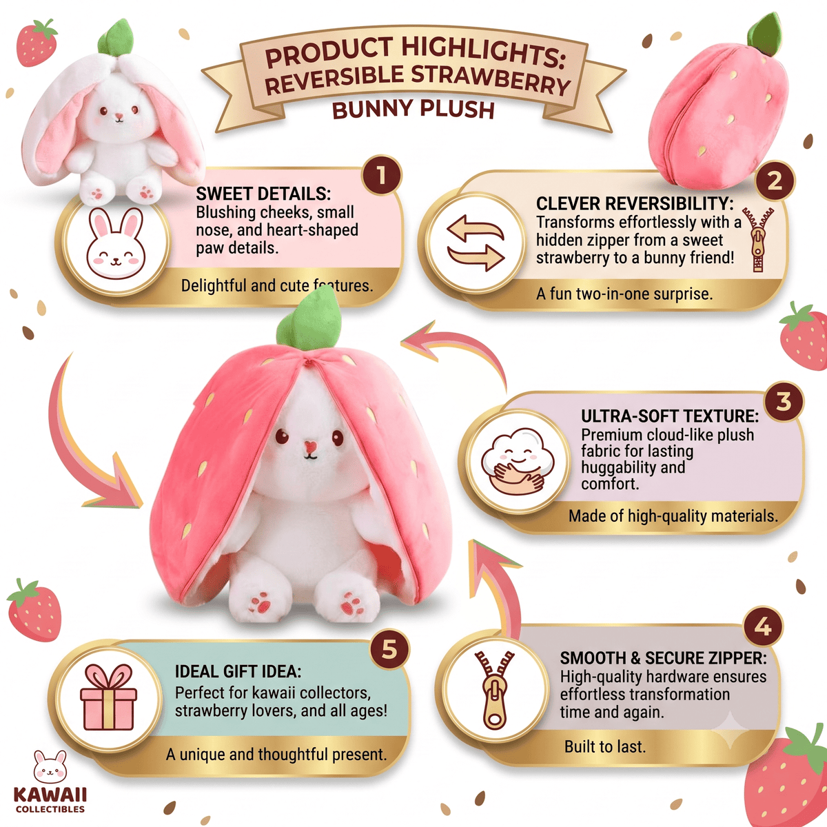 Reversible Strawberry Bunny Plush Toy