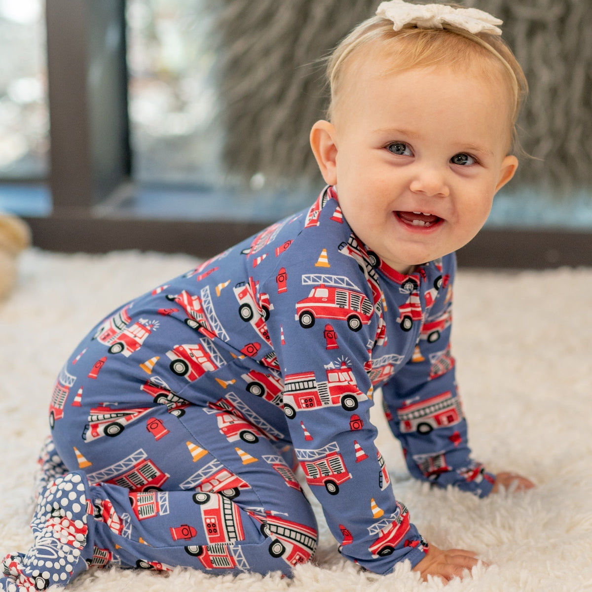 Blue Fire Truck Zipper Footie for Baby Boys