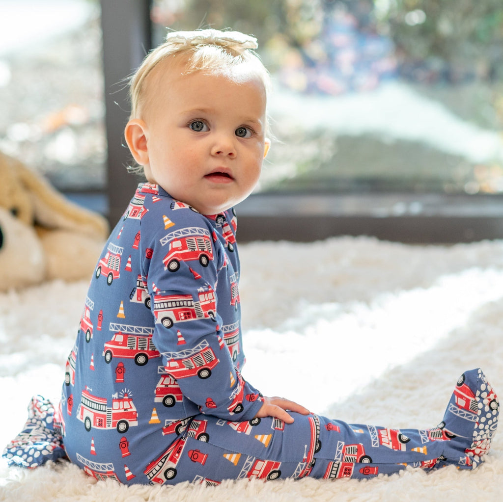 Blue Fire Truck Zipper Footie for Baby Boys