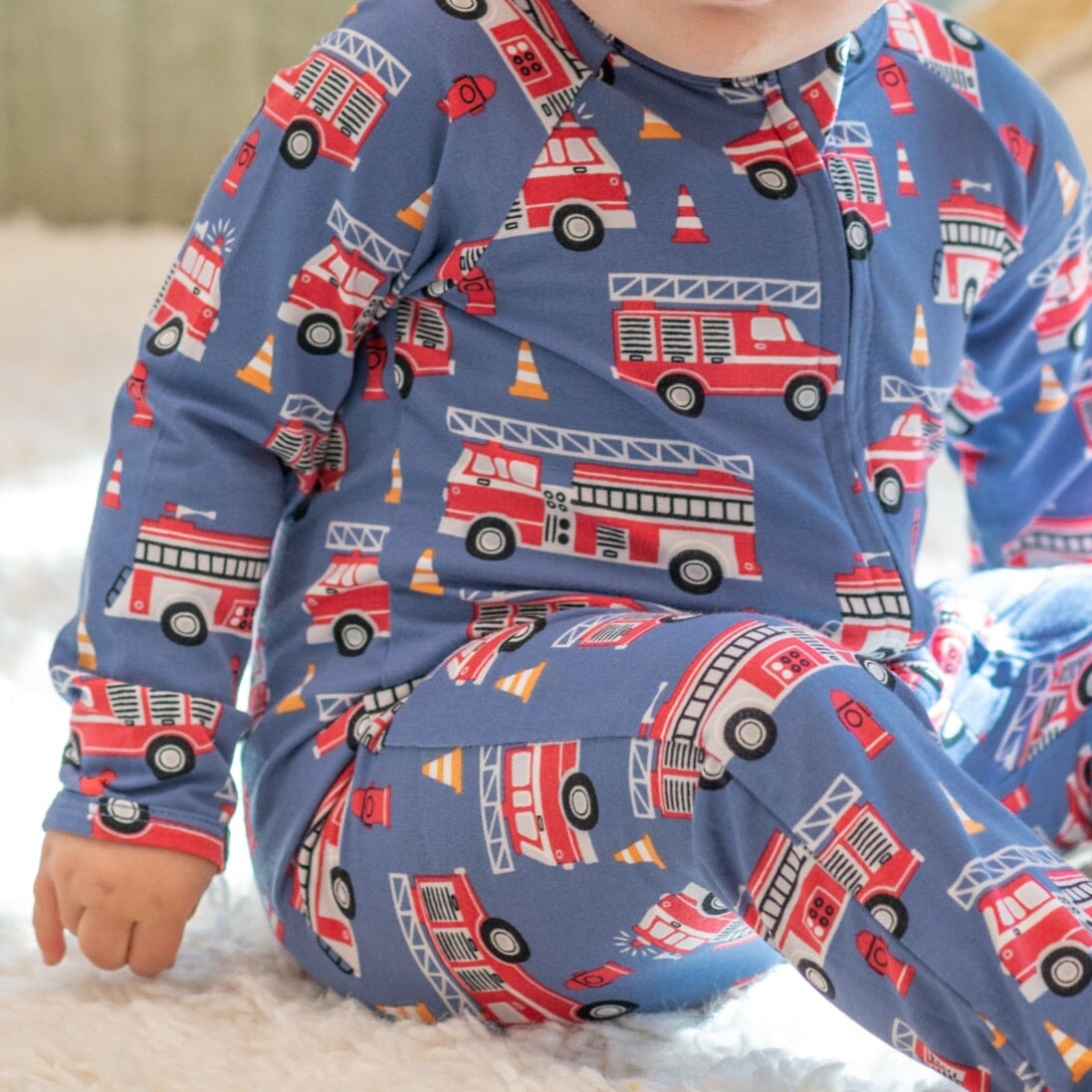 Blue Fire Truck Zipper Footie for Baby Boys